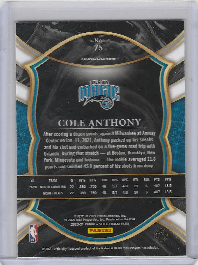 Basketball trading card of Cole Anthony Orlando Magic from 2020-21 Panini Select Blue