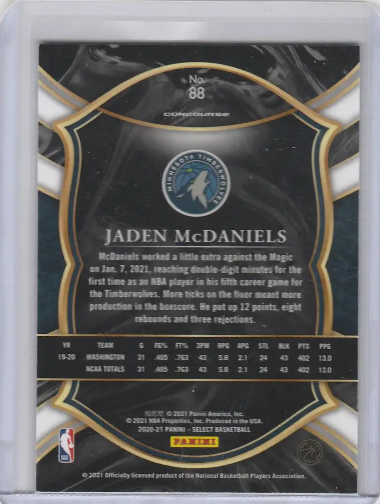 Basketball trading card of Jaden McDaniels Minnesota Timberwolves Panini Select Blue