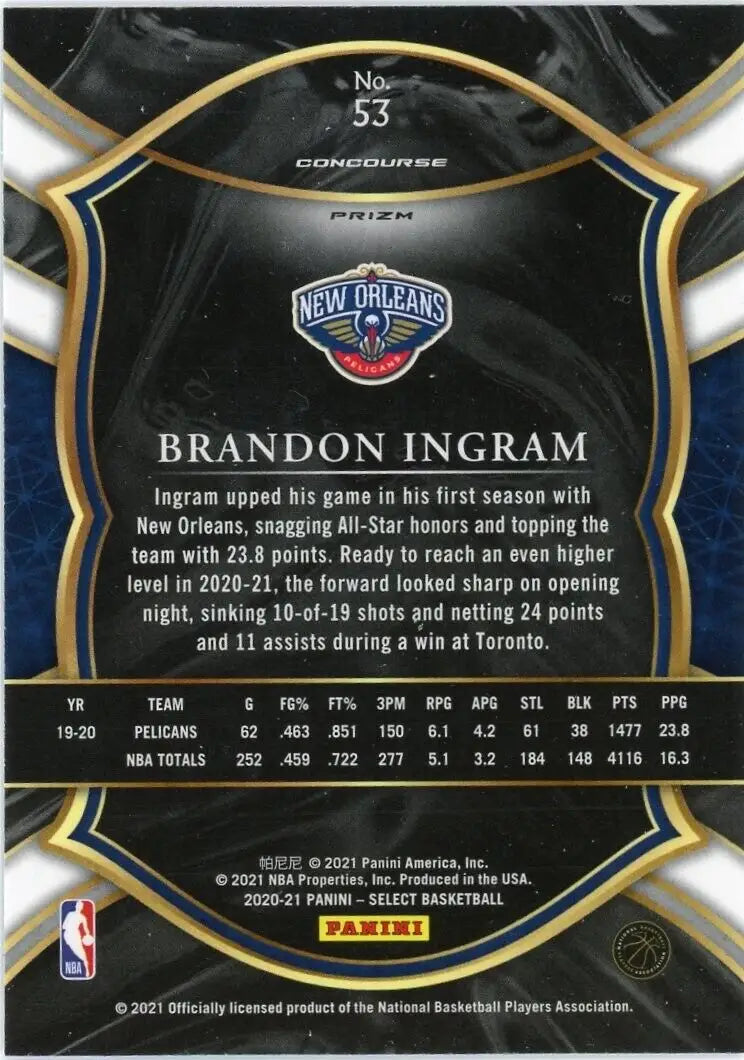 Brandon Ingram Silver basketball card from 2020-21 Panini Select New Orleans Pelicans