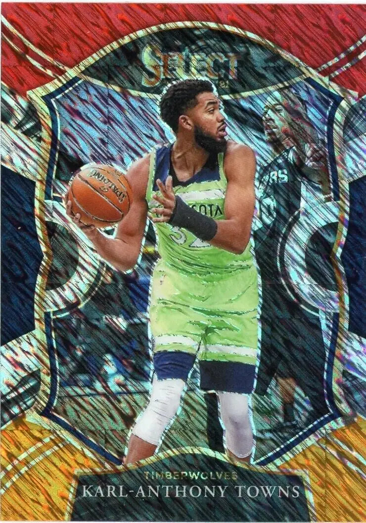 Karl Anthony Towns basketball card from 2020-21 Panini Select Red White Orange Shimmer