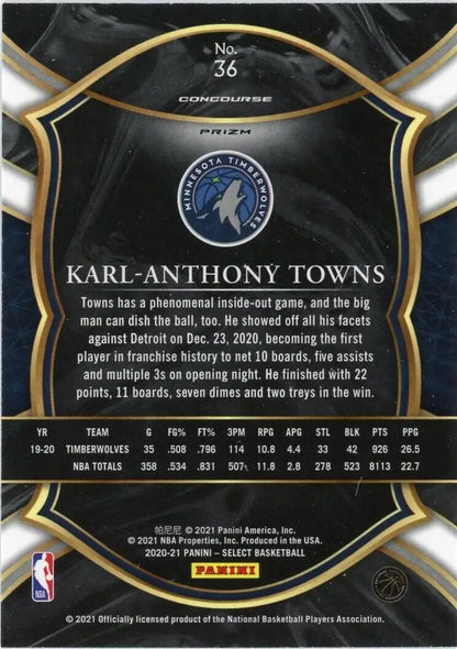 Karl Anthony Towns basketball card from 2020-21 Panini Select Red White Orange Shimmer