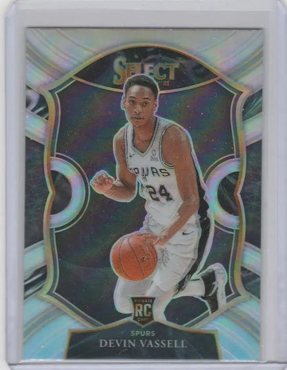 Basketball trading card of Devin Vassell San Antonio Spurs dribbling in Panini Select Prizm