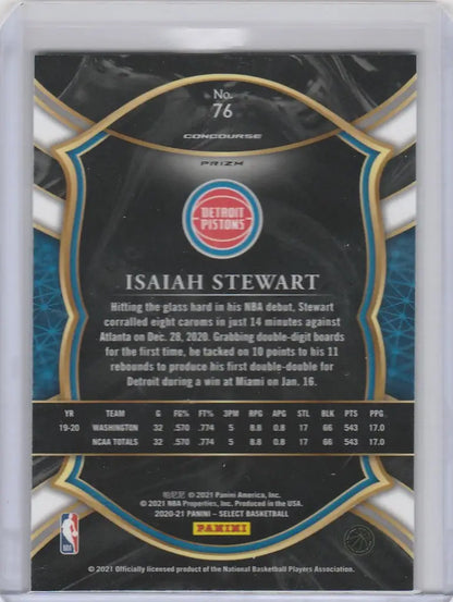 Basketball trading card of Isaiah Stewart Pistons from Panini Select Prizms Green White Purple