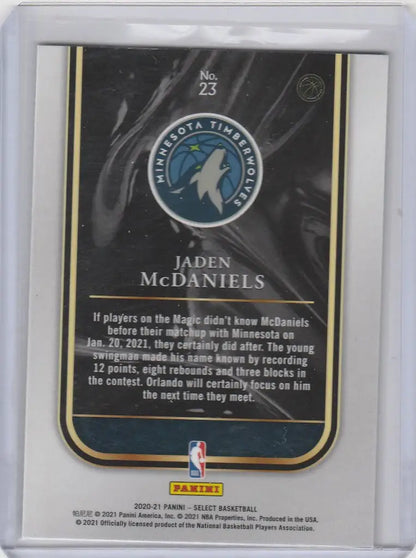 Basketball trading card of Jaden McDaniels Timberwolves from Panini Select Rookie Selections