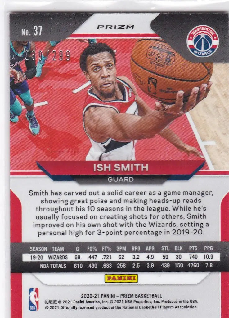 Basketball trading card of Ish Smith in Washington Wizards red prizm uniform reaching for ball