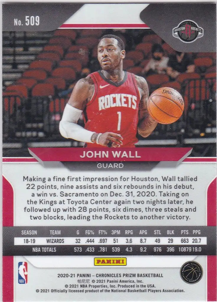 Basketball trading card of John Wall Update in red Rockets jersey holding basketball