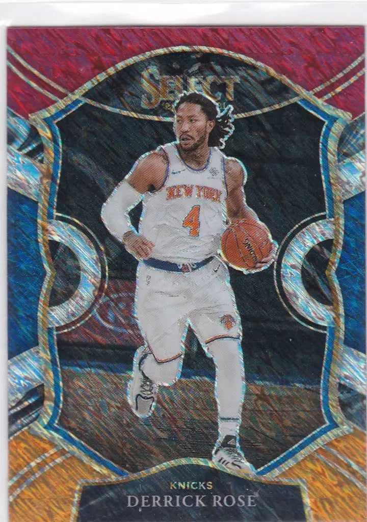 Basketball trading card of Derrick Rose Shimmer Prizm in white uniform for New York Knicks