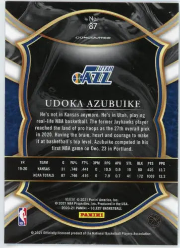 Back of 2020-21 Select #87 Udoka Azubuike Rookie Utah Jazz Basketball Card NM-MT