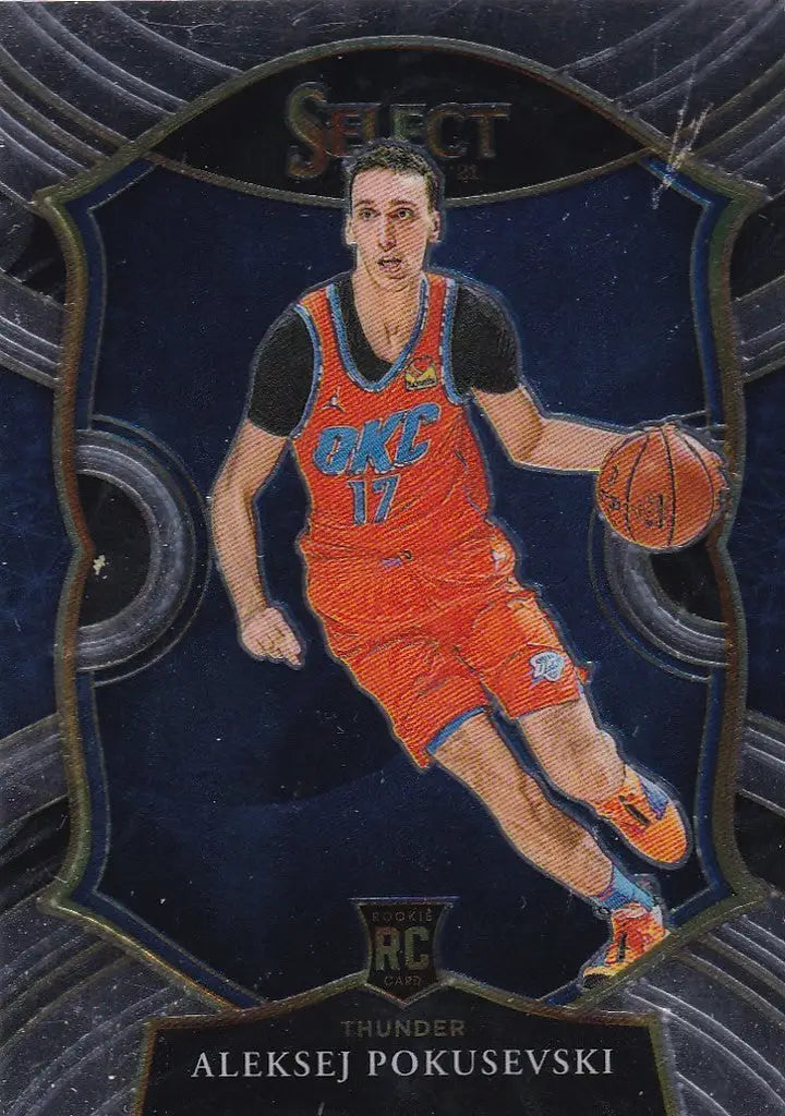 Basketball trading card of Aleksej Pokusevski dribbling in Oklahoma City Thunder uniform