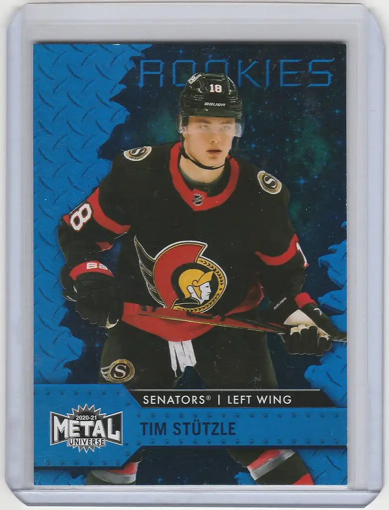 Hockey trading card of Tim Stutzle from the Ottawa Senators, Skybox Metal Blue Rookies