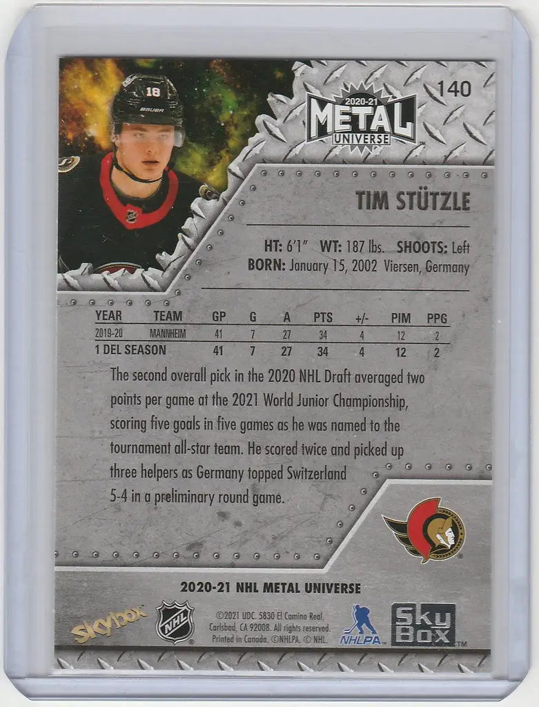 Hockey trading card of Tim Stutzle Ottawa Senators in black and red Skybox Metal Blue design