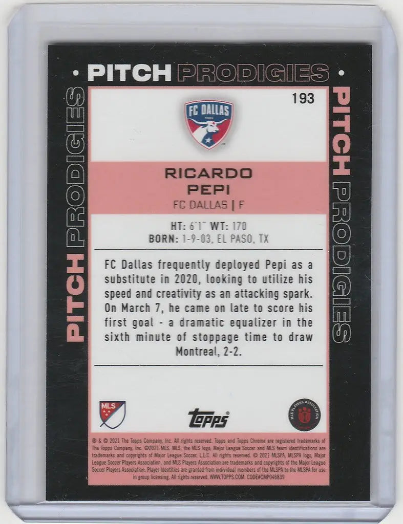 Trading card of Ricardo Pepi FC Dallas from 2020-21 Topps Chrome MLD Pitch Prodigies