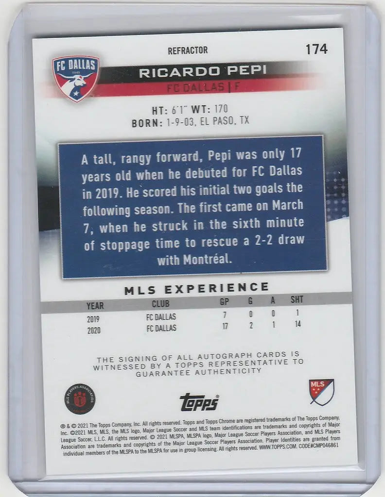 Soccer trading card of Ricardo Pepi with stats for 2020-21 Topps Chrome MLS Auto Refractor