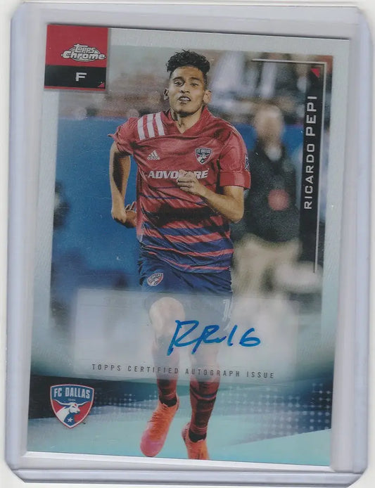 Soccer trading card of Ricardo Pepi in a red and blue jersey with blue autograph