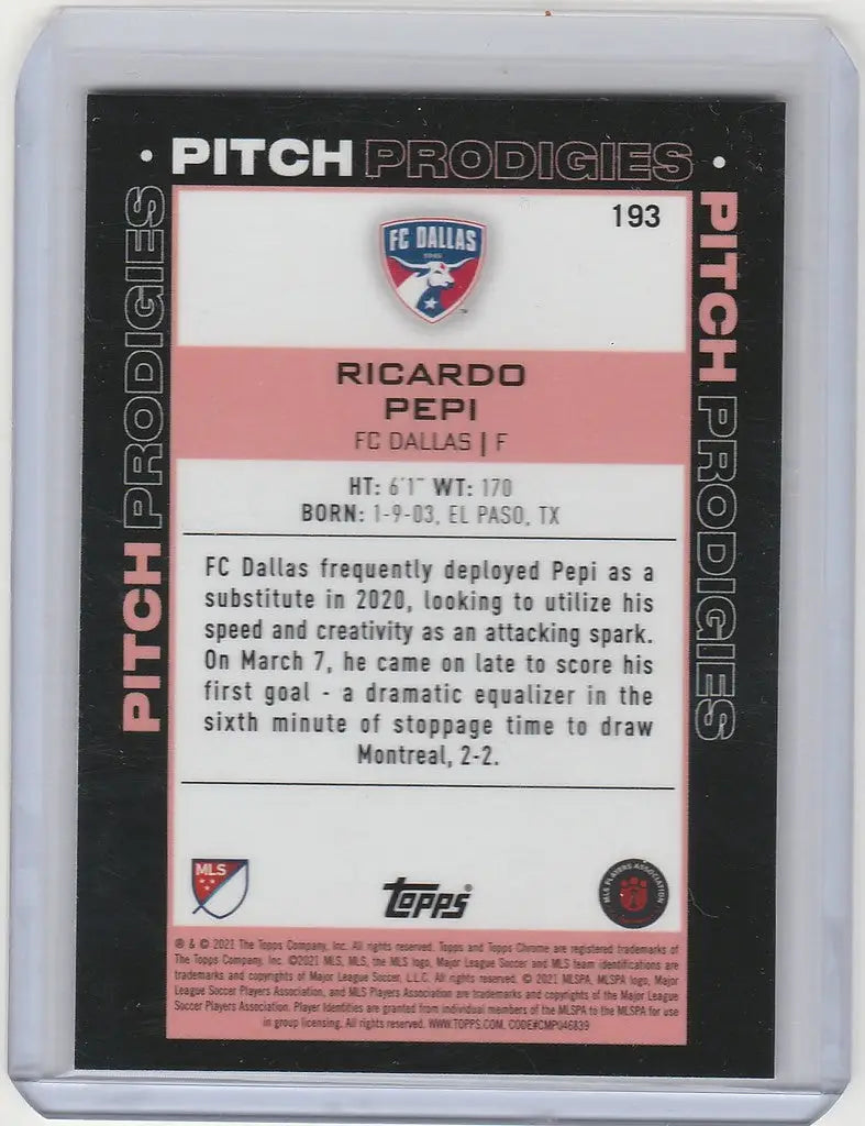 Soccer trading card of Ricardo Pepi from FC Dallas in Topps Chrome MLS Pitch Prodigies