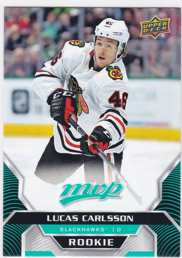 Hockey trading card featuring Lucas Carlsson RC Chicago in a white jersey, Upper Deck