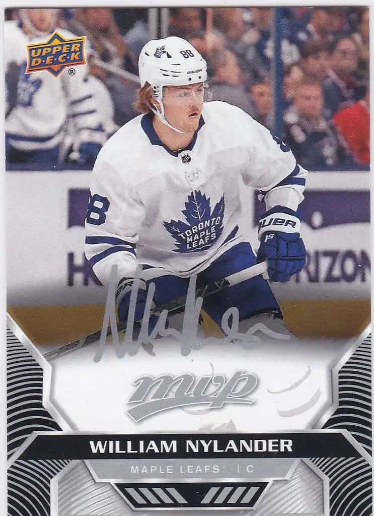 Hockey trading card of William Nylander in a white jersey from Upper Deck MYP Silver Script