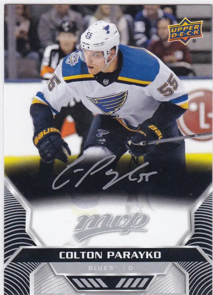 Hockey player card of Colton Parayko in action for 2020-21 Upper Deck MYP Silver Script