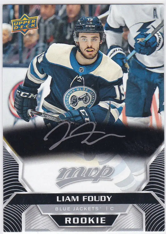 Hockey trading card of Columbus Blue Jackets rookie Liam Foudy from Upper Deck MYP Silver Script