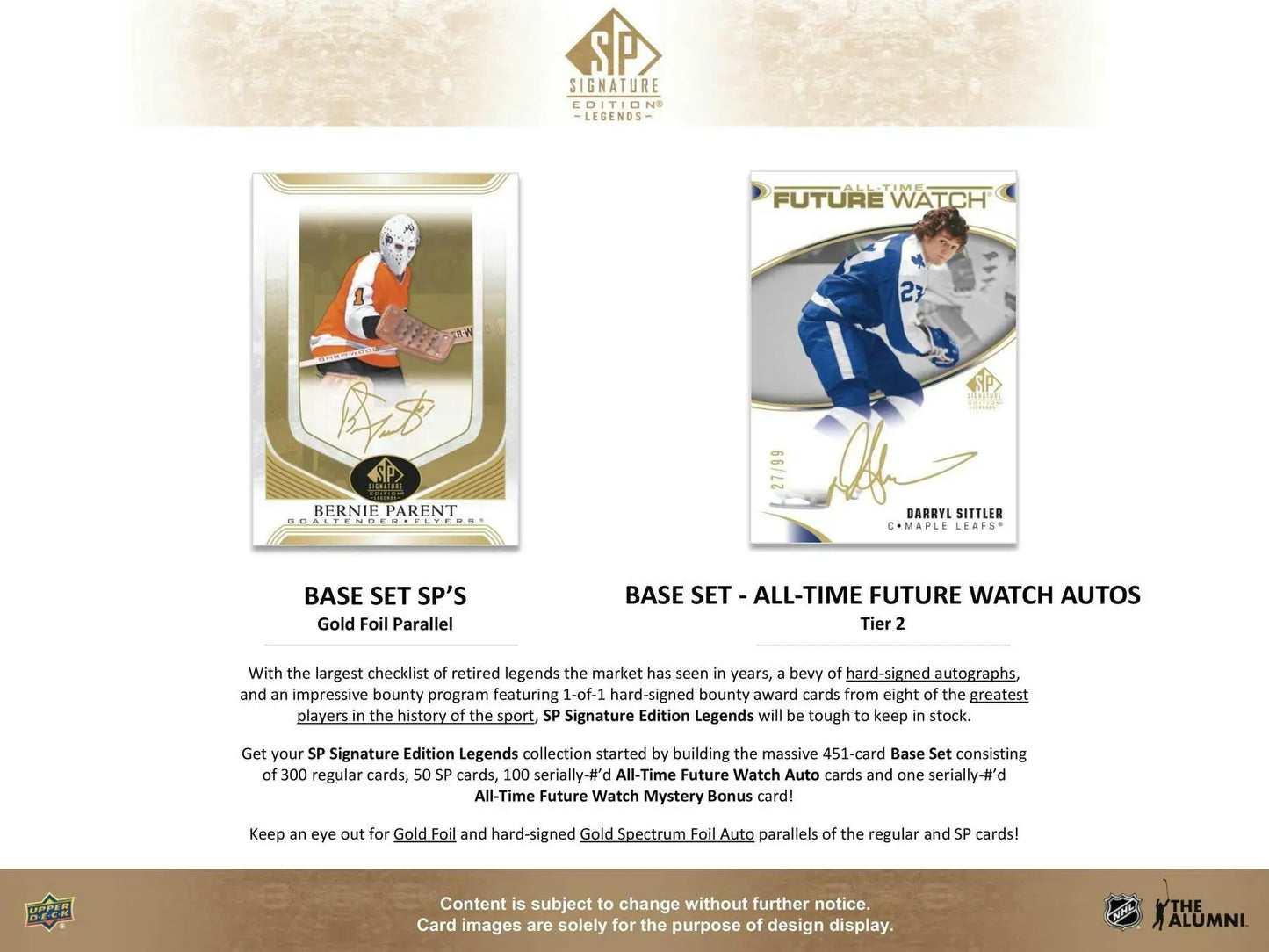 Marketing page featuring Upper Deck Signature Legends Hockey card designs side by side