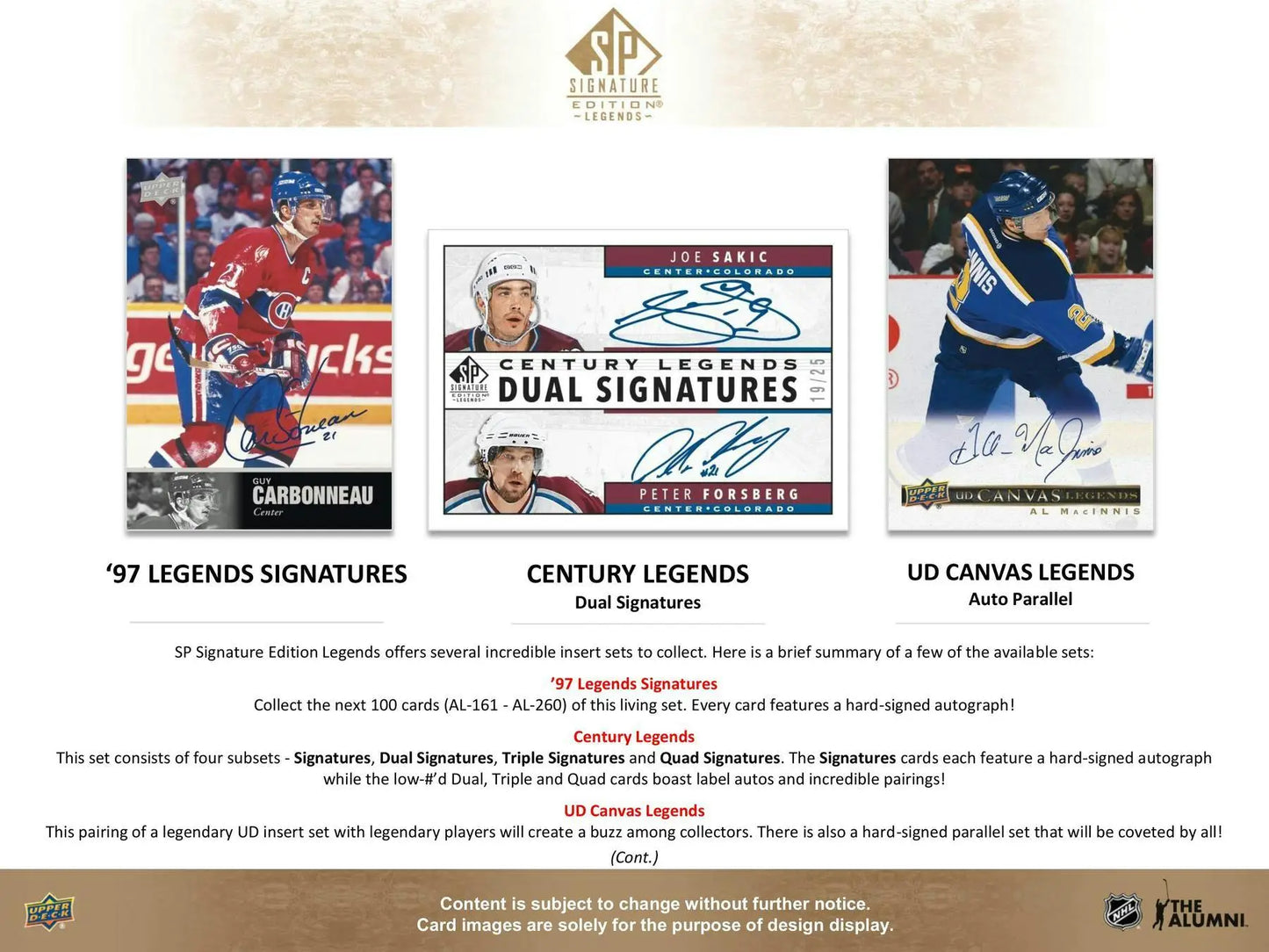 Advertisement for Upper Deck Signature Legends Hockey card styles and signatures