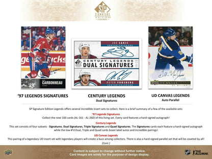 Advertisement for Upper Deck Signature Legends Hockey card styles and signatures