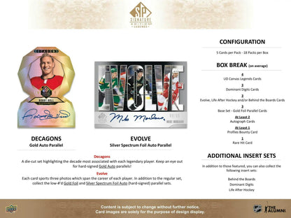 Product catalog page showcasing Upper Deck Signature Legends Hockey card sets and configurations