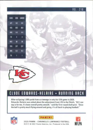 2020 Panini Luminance Clyde Edwards Helaire Chronicles Rookie trading card NM-MT