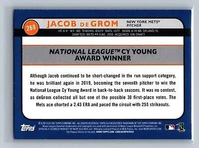 Jacob deGrom 2020 Big League #269 CY Young Award Blue baseball card collectible