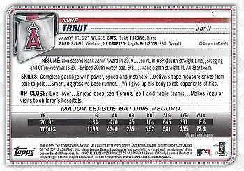 Mike Trout baseball card from 2020 Bowman #1 Los Angeles Angels MLB product