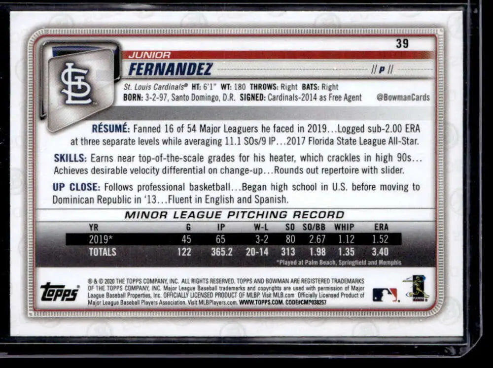 Baseball card featuring Junior Fernandez stats from 2020 Bowman trading cards