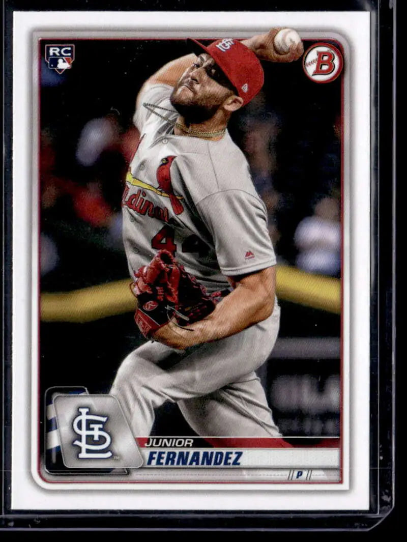 Baseball card of Junior Fernandez pitching in a gray St. Louis Cardinals uniform