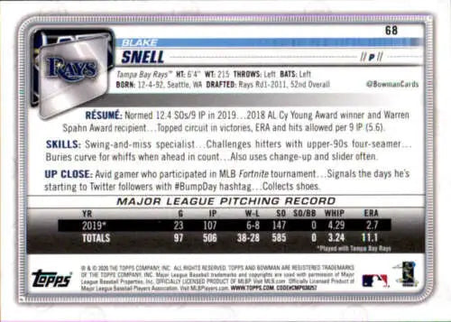 Blake Snell 2020 Bowman #68 baseball card in original gloss condition from Simply Sandoval