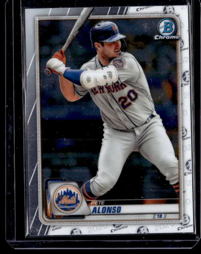 Baseball card of Pete Alonso in batting stance from 2020 Bowman Chrome NM-MT