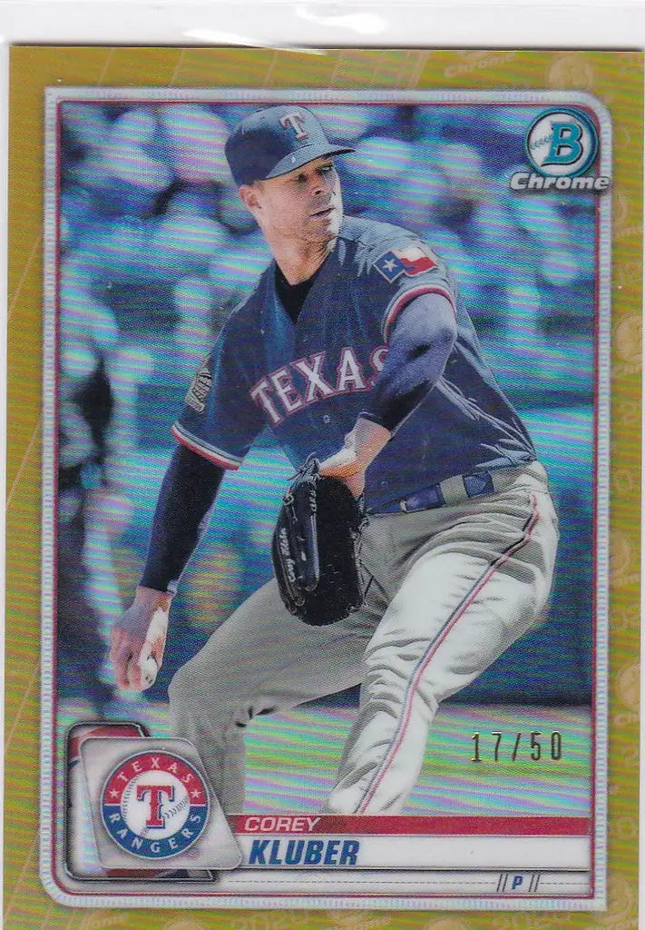 Baseball card of Corey Kluber in mid-throw, showcasing Bowman Chrome Gold, Texas Rangers