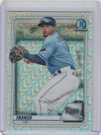 Baseball trading card of Wander Franco Tampa Bay pitcher in 2020 Bowman Chrome Mega Box