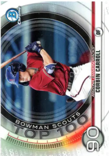 Baseball player in red uniform swinging bat in Bowman Chrome Scouts card image