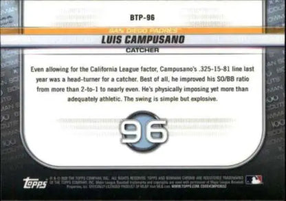 Baseball card back of 2020 Bowman Chrome Scouts Top 100 Refractors Luis Campusano NM-MT Padres