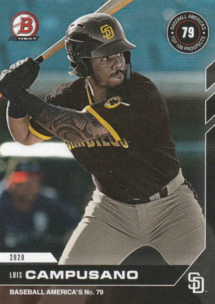 Baseball player in San Diego Padres uniform batting, showcasing T24 Luis Campusano card