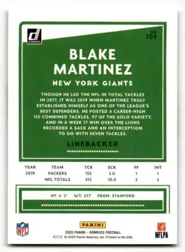 2020 Donruss #109 Blake Martinez New York Giants Football Card with original gloss