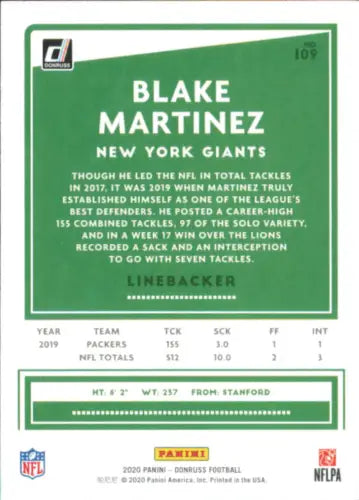 Blake Martinez New York Giants Football Card 2020 Donruss #109 NFL NM-MT