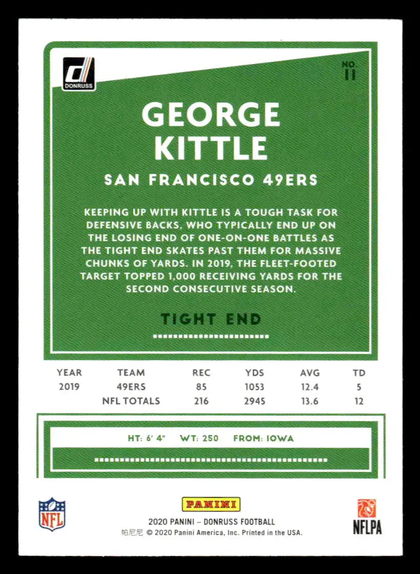 George Kittle football card from 2020 Donruss #11 featuring San Francisco 49ers star