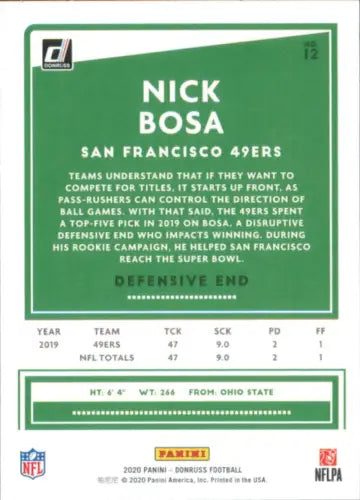 Nick Bosa 2020 Donruss #12 NFL card showcasing San Francisco 49ers player details