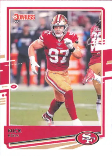 Football trading card featuring Nick Bosa of the San Francisco 49ers from 2020 Donruss