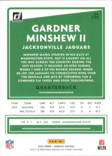 Gardner Minshew II Jacksonville Jaguars football card 2020 Donruss #126 NM-MT