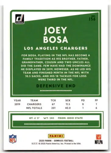 2020 Donruss #136 Joey Bosa football card with original gloss for LA Chargers fans