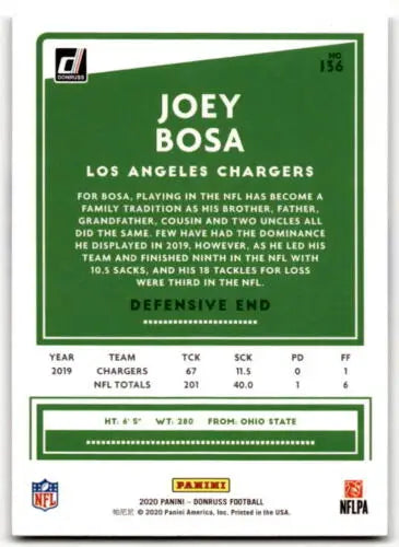 Joey Bosa football card from 2020 Donruss with original gloss, NM condition, LA Chargers