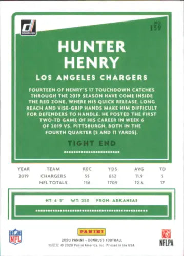 Hunter Henry 2020 Donruss #139 football card for Los Angeles Chargers collectors