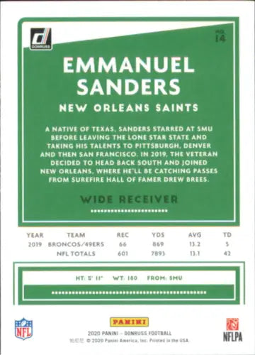 Emmanuel Sanders New Orleans Saints NFL card from 2020 Donruss #14 in NM-MT condition