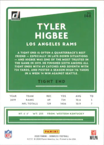 Tyler Higbee 2020 Donruss Football Card of Los Angeles Rams NFL Player NM-MT